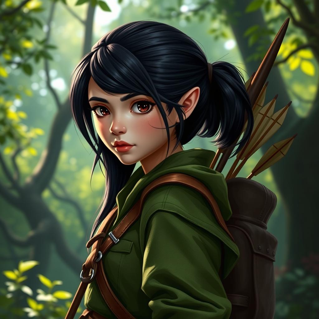 An adult female gnome ranger with sleek black hair tied back in a practical style and deep dark brown eyes, equipped with a delicate bow and quiver full of arrows slung across her back