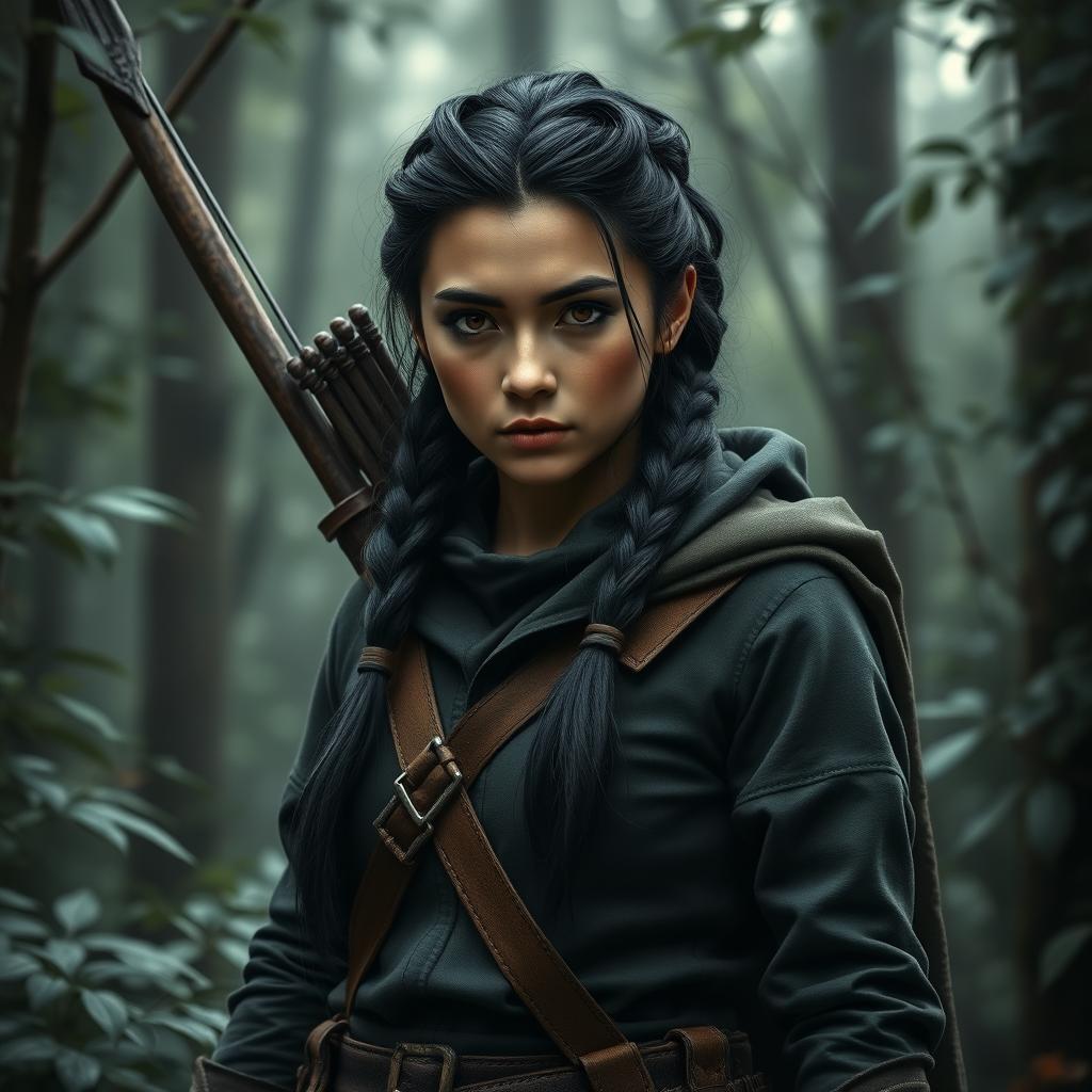 A somber-faced adult female gnome ranger, with long black hair pulled into a practical braid and deep dark brown eyes that reflect a sense of determination