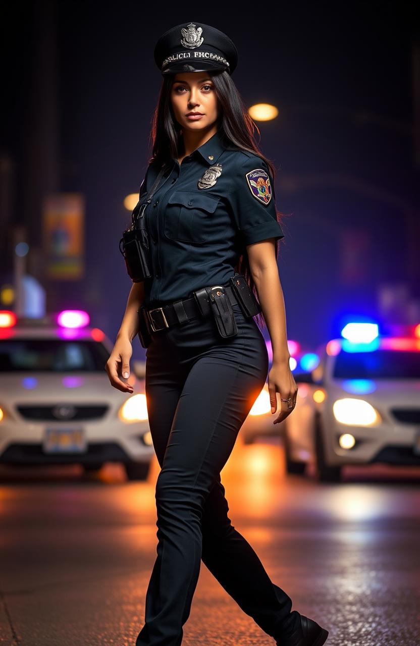 A fit and slender female police officer with long black hair, in a detailed police uniform, confidently walking towards the viewer