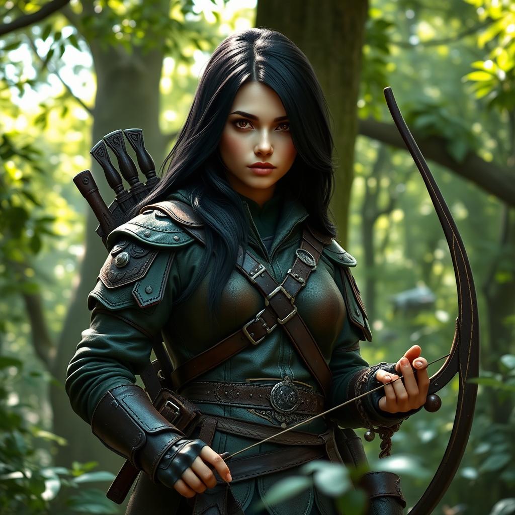 A somber faced female gnome ranger standing confidently in an enchanting forest