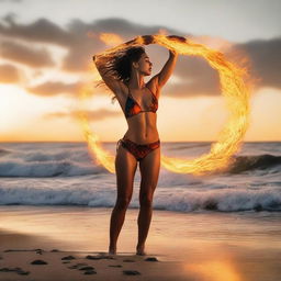 An athletic swimwear model poised on a pristine beach, unsettlingly encircled by bold, dancing flames, contrasting with the peaceful sunset ocean backdrop.