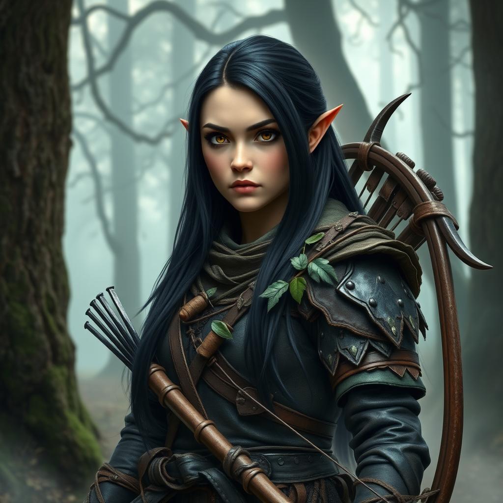 A somber faced female gnome ranger standing in a mystical forest, showcasing her serious expression