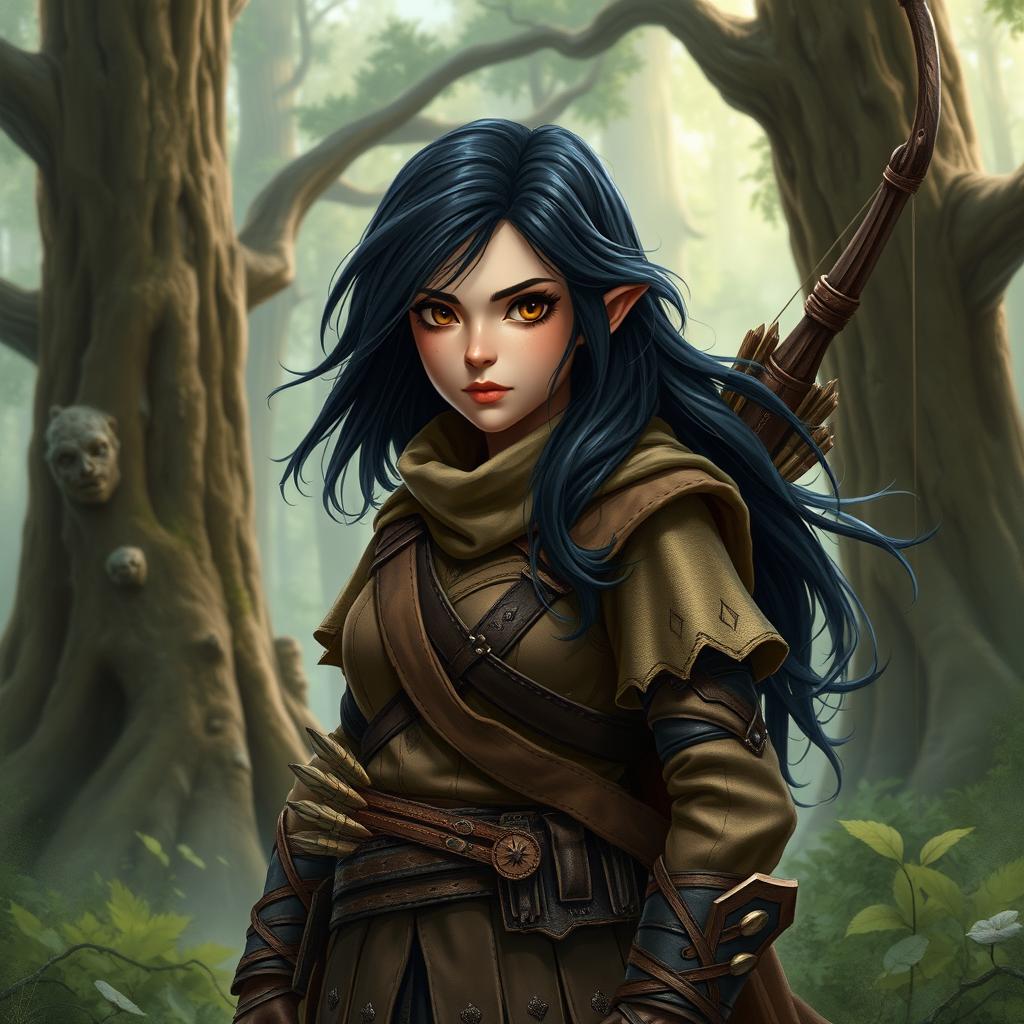 A somber faced female gnome Dungeons & Dragons ranger, characterized by her serious demeanor