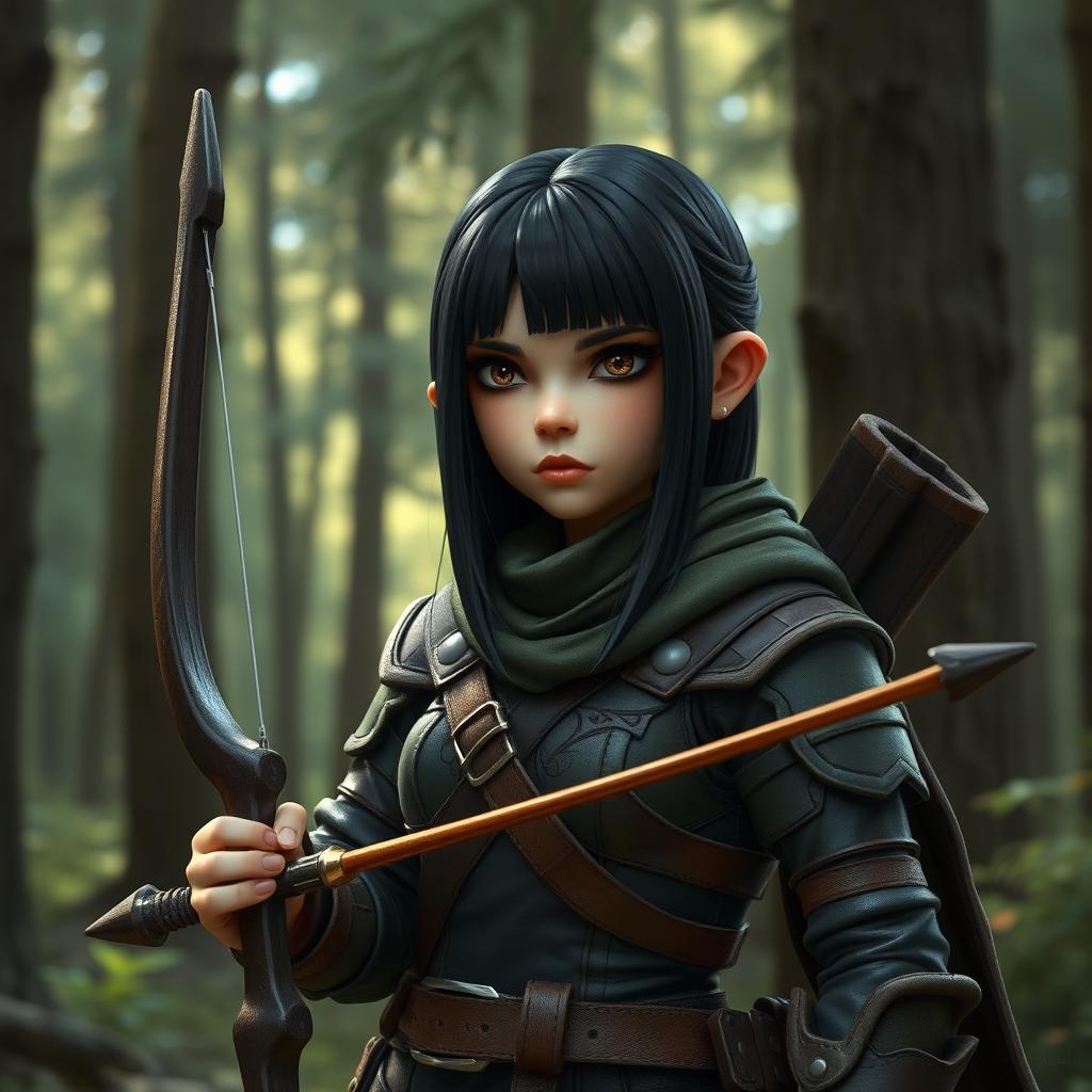 A somber faced female gnome Dungeons & Dragons ranger, standing at 3 feet 3 inches tall