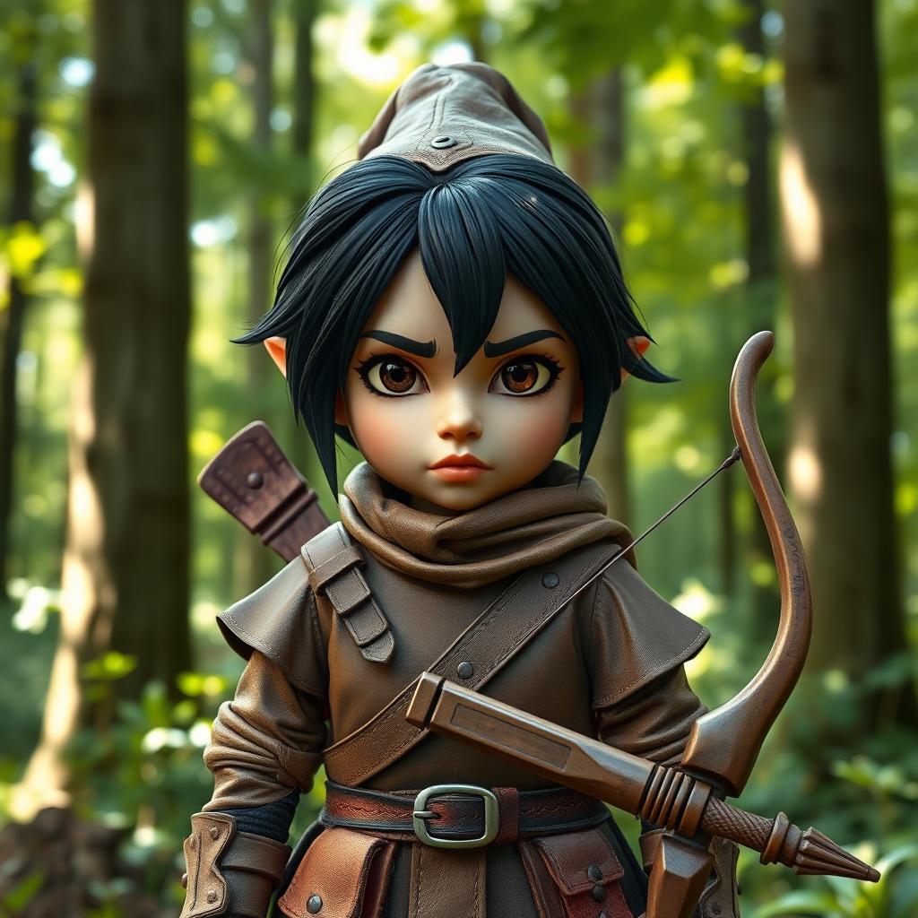 A somber faced female gnome Dungeons & Dragons ranger, standing at 3 feet 3 inches tall, with striking black hair and dark brown eyes that convey a sense of determination