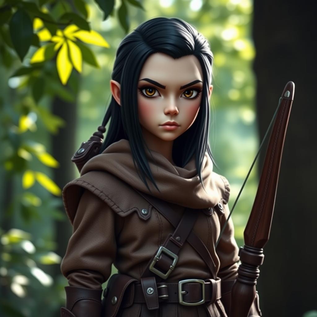A somber faced female gnome ranger, standing at 3 feet 3 inches tall