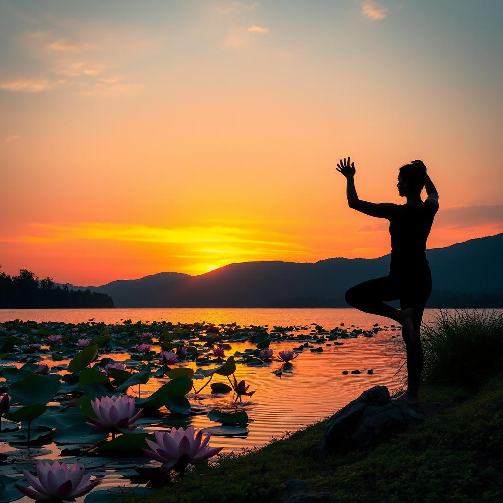 A serene landscape featuring a vibrant sunset over a tranquil lake with lotus flowers floating on the water