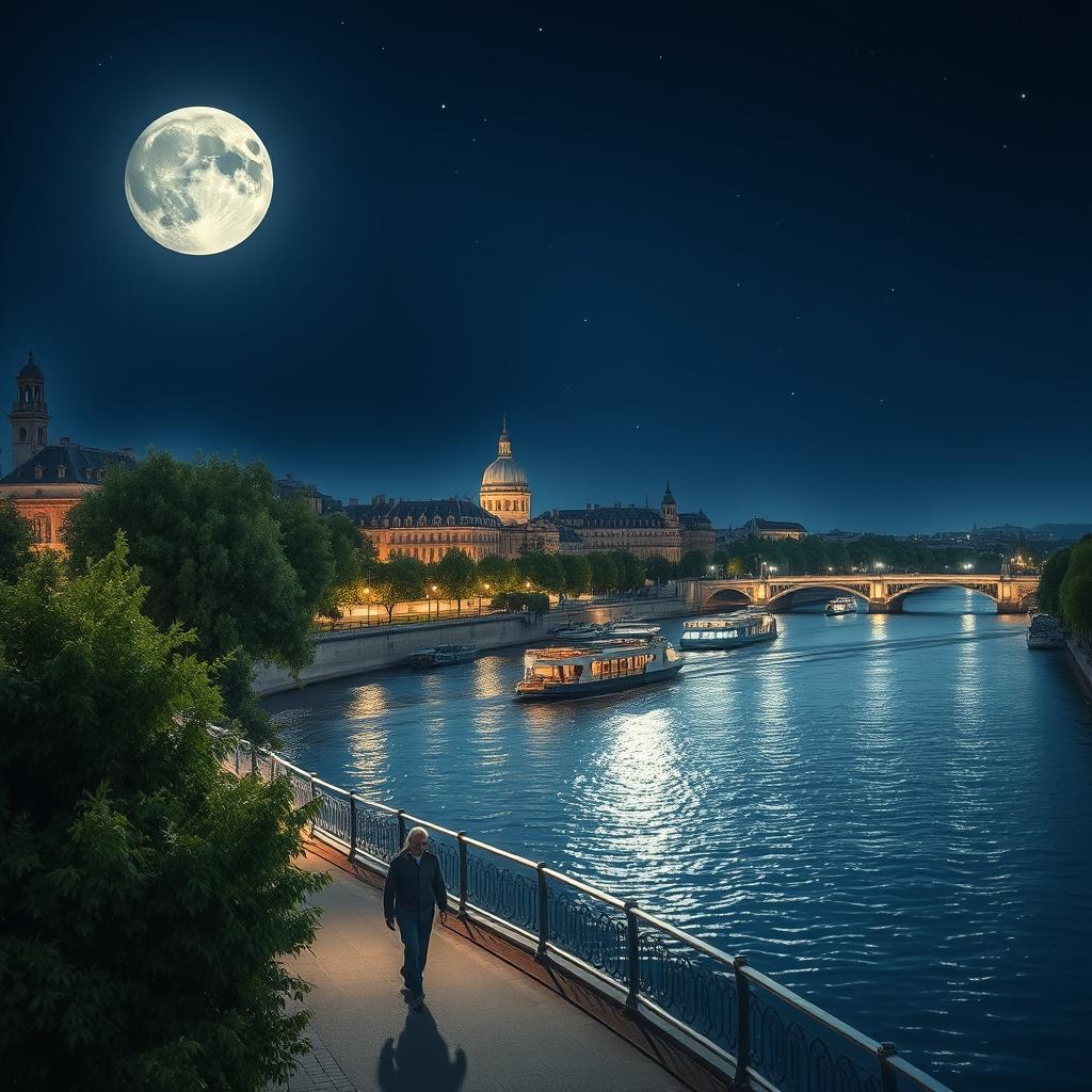 A serene and romantic night scene featuring the Seine river illuminated by moonlight