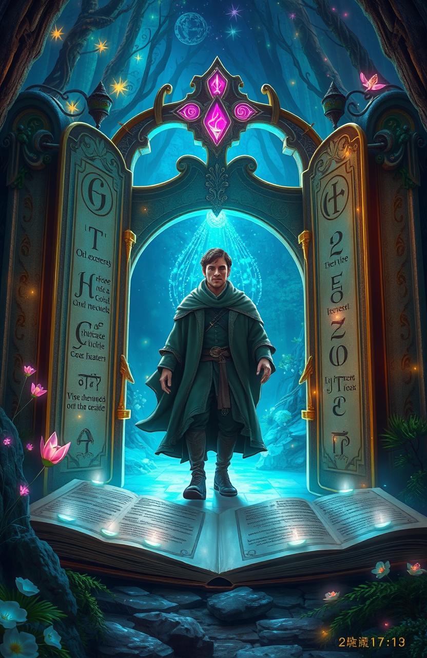 A man stepping through an intricately designed magical gate that resembles a giant open book, with pages fluttering in the wind