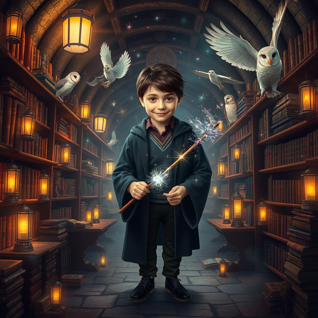 A magical scene inspired by Harry Potter, featuring an enchanting library filled with ancient, mystical books, glowing lanterns illuminating the space, and majestic owls perched on shelves