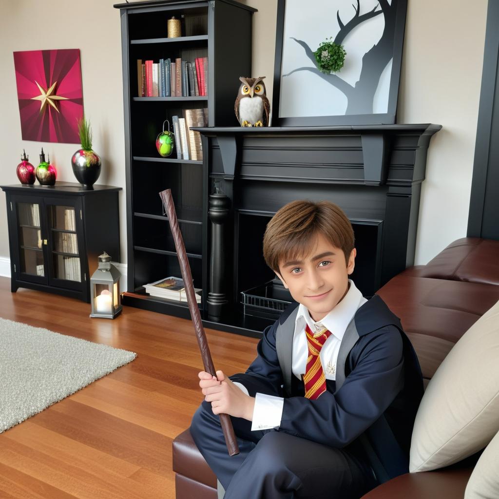 background inspired by Harry Potter with a character using the face from the picture; magical books, owls, lanterns and a magic wand