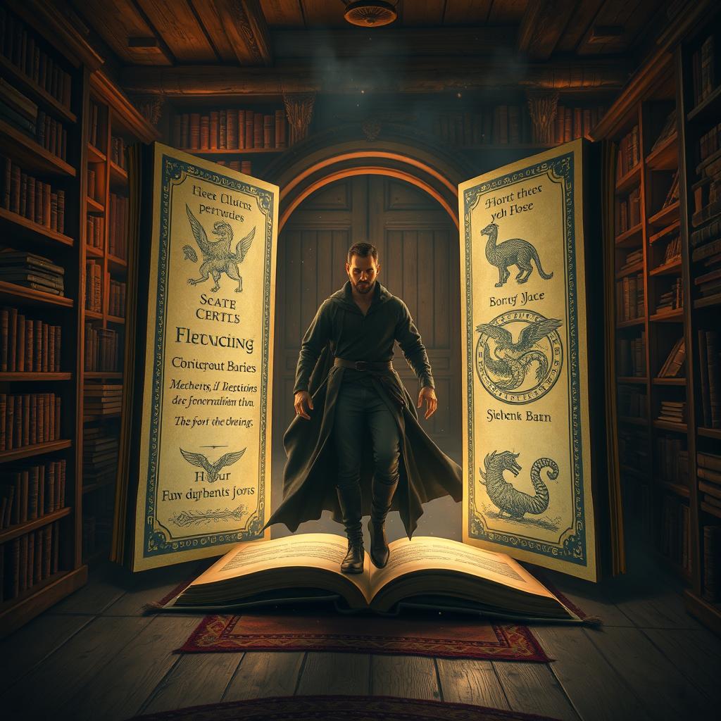 A man stepping through a magical gate that resembles a giant open book in a cozy, dimly lit room filled with shelves of ancient books and artifacts