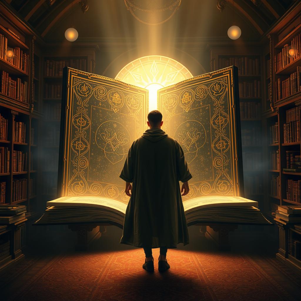 A scene depicting a man from behind as he steps through a magical gate that resembles a giant open book, set in a dimly lit room filled with shelves of ancient books