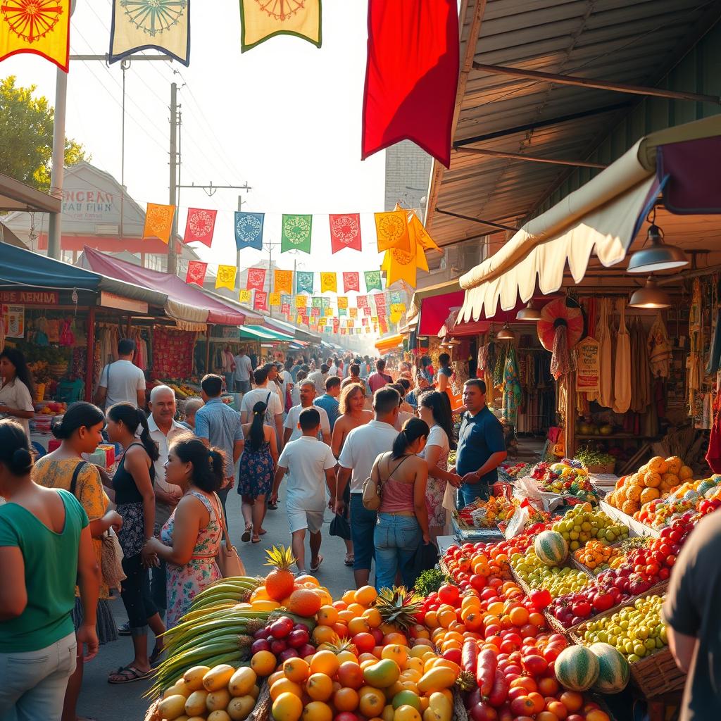 A vibrant and lively street market filled with colorful stalls selling fresh fruits, vegetables, and handmade crafts
