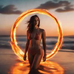 A swimwear model standing on a beach during sunset, surrounded by an ethereal circle of vibrant flames illuminating the scene.