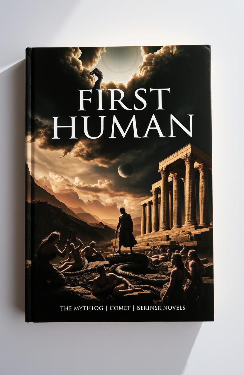 A dramatic book cover representing Greek mythology and the first human, showcasing contrasting chiaroscuro lighting