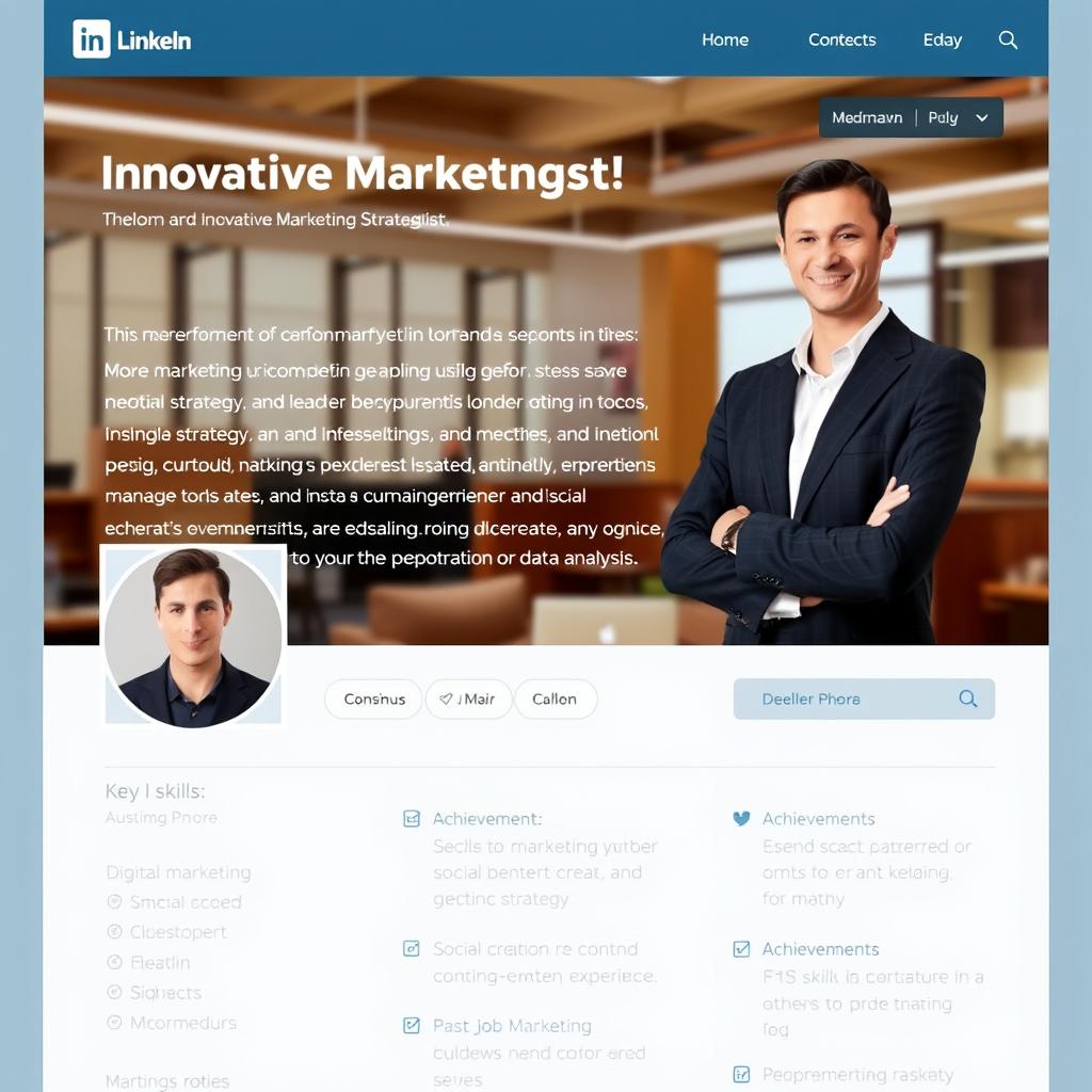 A professional and polished LinkedIn profile layout, featuring a strong headline like 'Innovative Marketing Strategist' and a captivating summary that highlights expertise in digital marketing, social media strategy, and leadership experience
