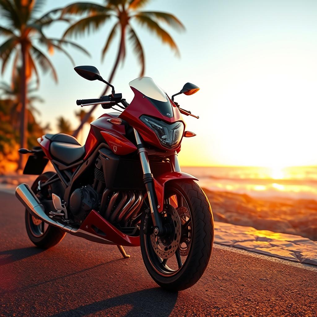 A stunning 3D render of a sleek motorcycle parked on a scenic coastal road during sunset