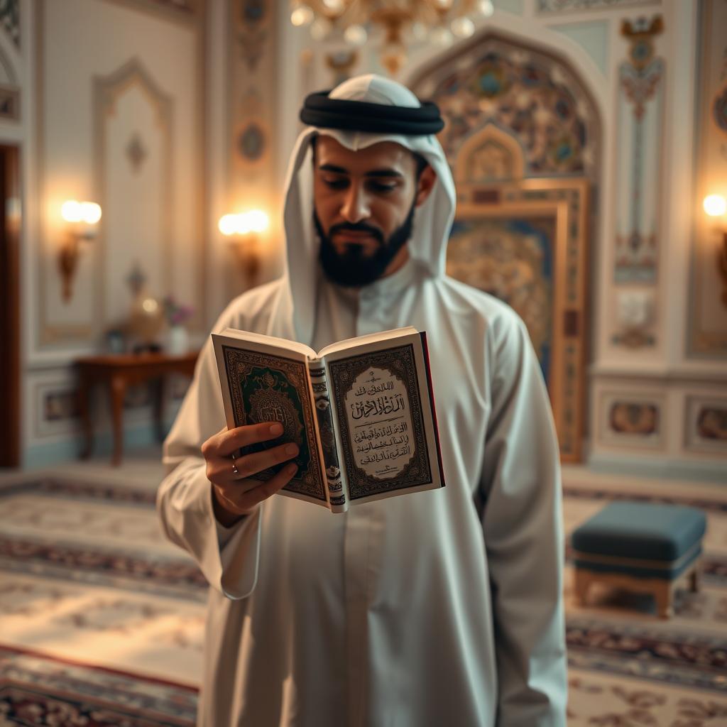 A serene setting showcasing a person holding the Quran in their left hand