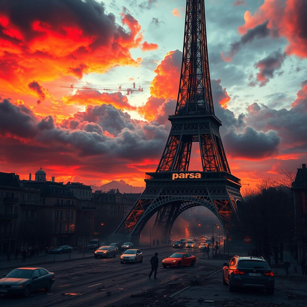 An apocalyptic scene set in Paris, showcasing the Eiffel Tower prominently in the foreground