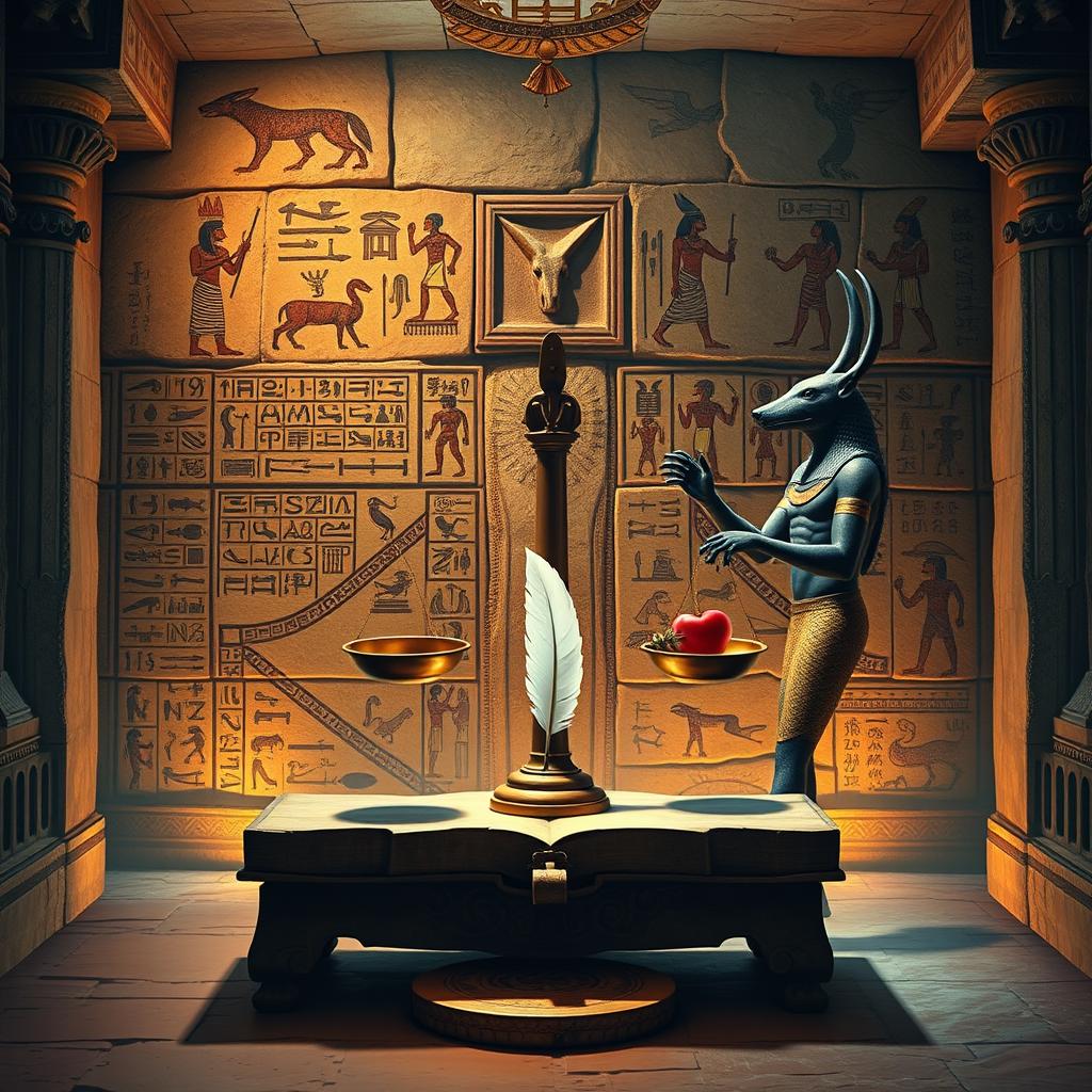 An artistic representation of the Egyptian Book of the Dead, featuring ancient hieroglyphics and illustrations depicting the journey of the soul in the afterlife