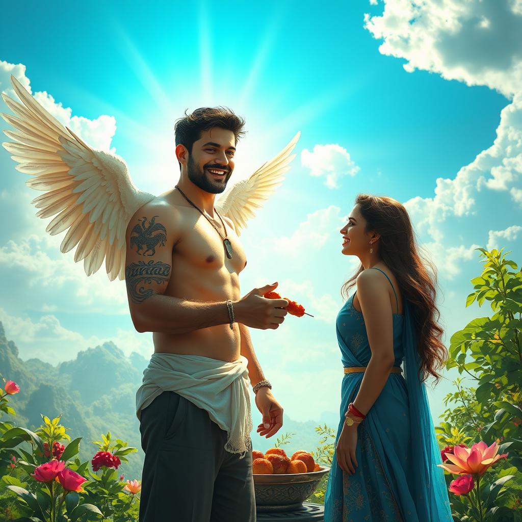 In a heavenly paradise, a tall man stands beside an alluring houri