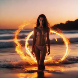 A swimwear model standing on a beach during sunset, surrounded by an ethereal circle of vibrant flames illuminating the scene.