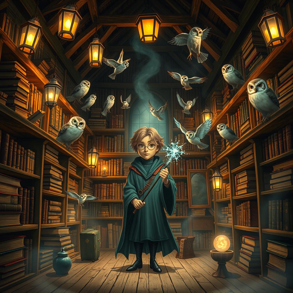 A magical scene inspired by Harry Potter, featuring a whimsical library filled with ancient, glowing magical books stacked high on wooden shelves