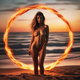 A swimwear model standing on a beach during sunset, surrounded by an ethereal circle of vibrant flames illuminating the scene.