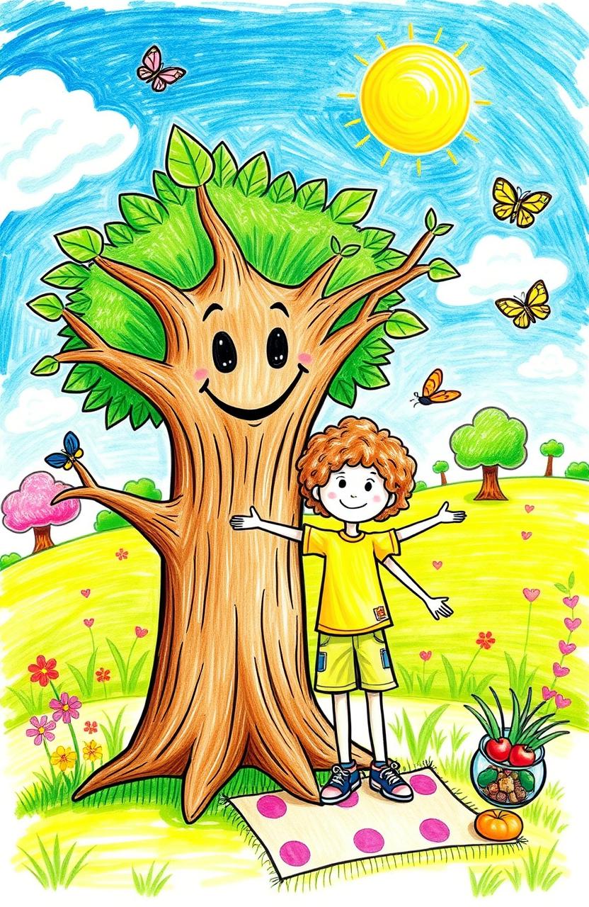 A whimsical and colorful drawing featuring a friendly, anthropomorphized tree with a broad trunk and leafy branches