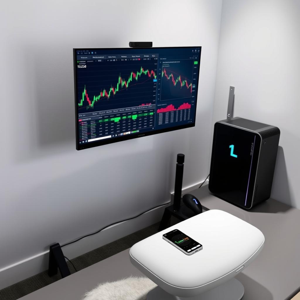 A minimalist trading setup featuring a sleek desk with a single large monitor displaying stock charts and trading data