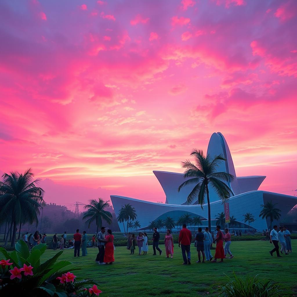 A futuristic scene set in Sri Lanka on a cooperative day, showcasing a vibrant mix of pink and purple hues in the sky, blending beautifully as the sun sets
