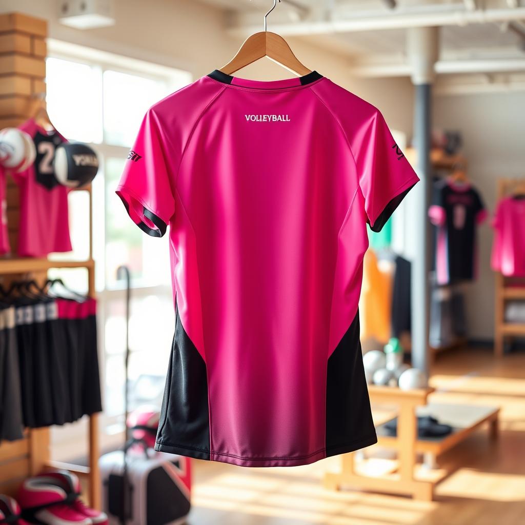 A stylish pink and black volleyball jersey, featuring a modern design with bold contrasting colors