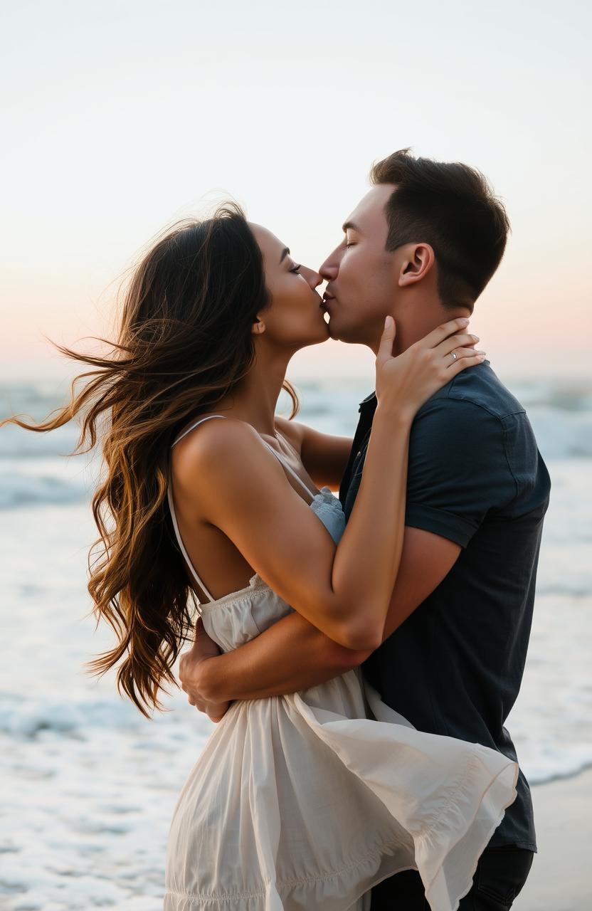 A passionate kiss between a couple, their lips locked in a deep, romantic embrace
