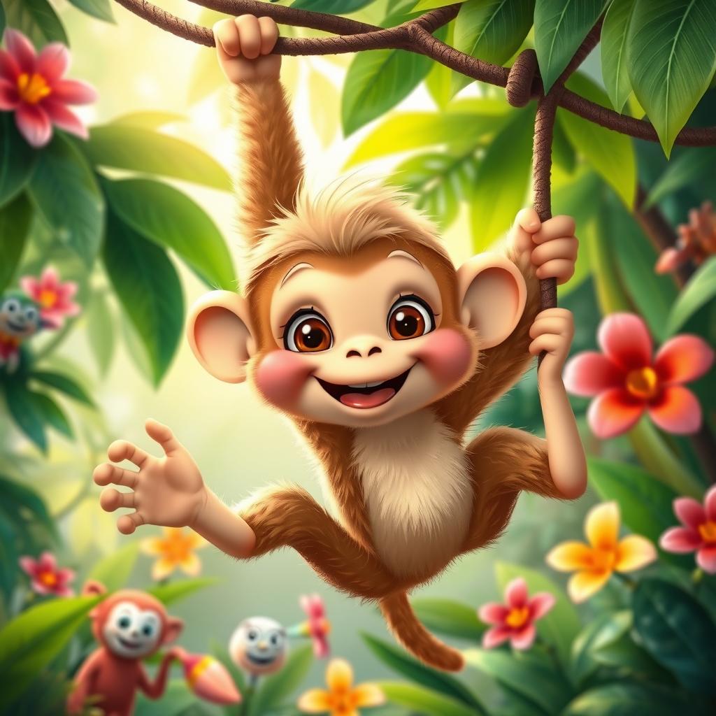 A cute monkey resembling a cartoonish character named Sania, featuring an expressive face with large, joyful eyes and a playful smile, set in a vibrant jungle environment filled with lush green leaves and colorful tropical flowers