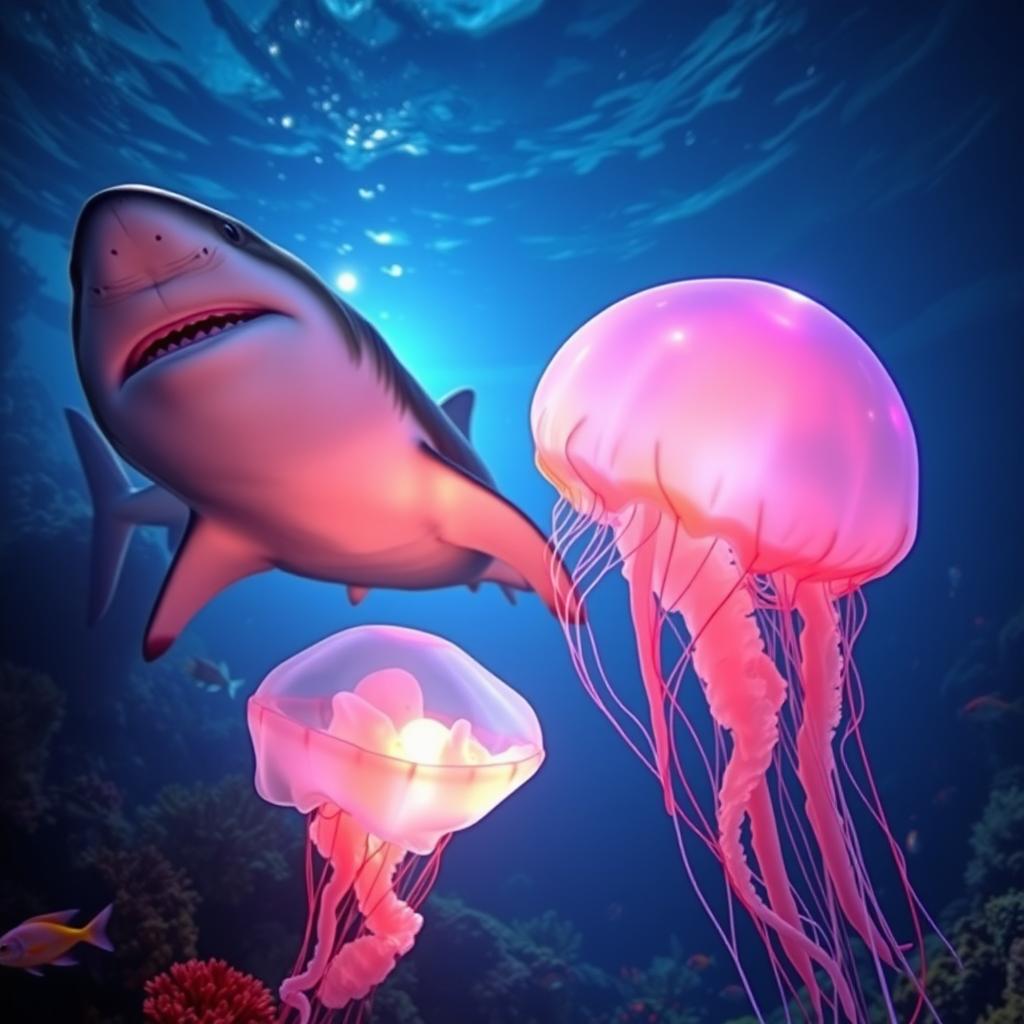A vibrant underwater scene featuring a shark swimming gracefully alongside a jellyfish