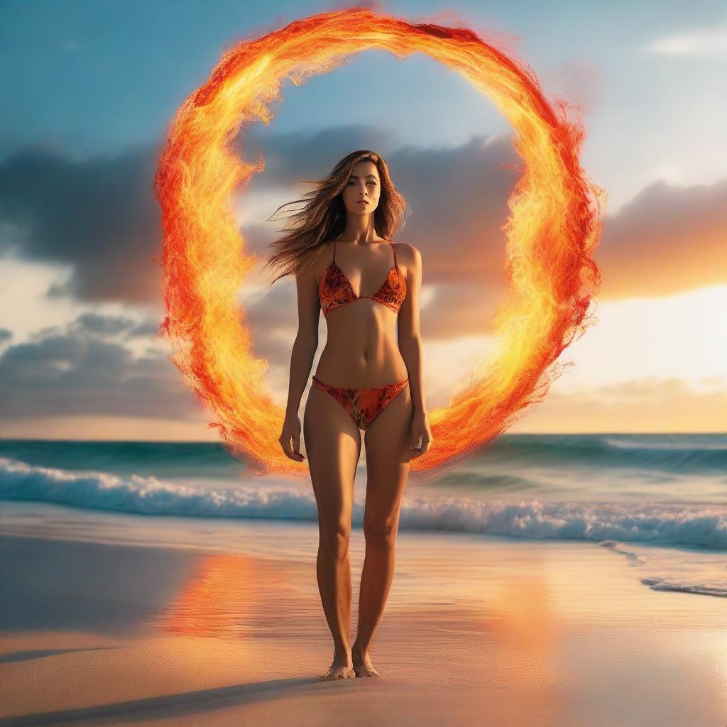 A swimwear model on a picturesque beach, surrounded by a fiery halo of flames that contrast dramatically with the peaceful ocean backdrop.