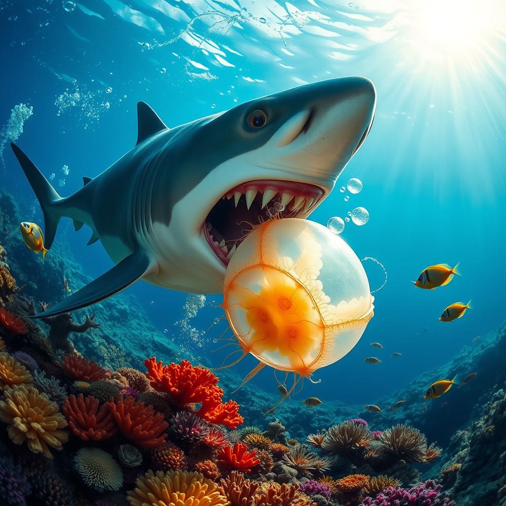 A ferocious shark attacking and eating a jellyfish in the ocean depths, surrounded by vibrant coral reefs and colorful fish swimming nearby