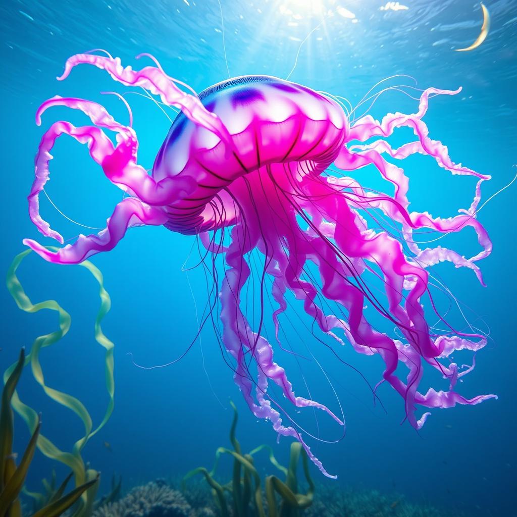 A vibrant, colorful jellyfish with oversized, flowing tentacles, gracefully swimming through a clear blue ocean