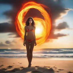 A swimwear model on a picturesque beach, surrounded by a fiery halo of flames that contrast dramatically with the peaceful ocean backdrop.