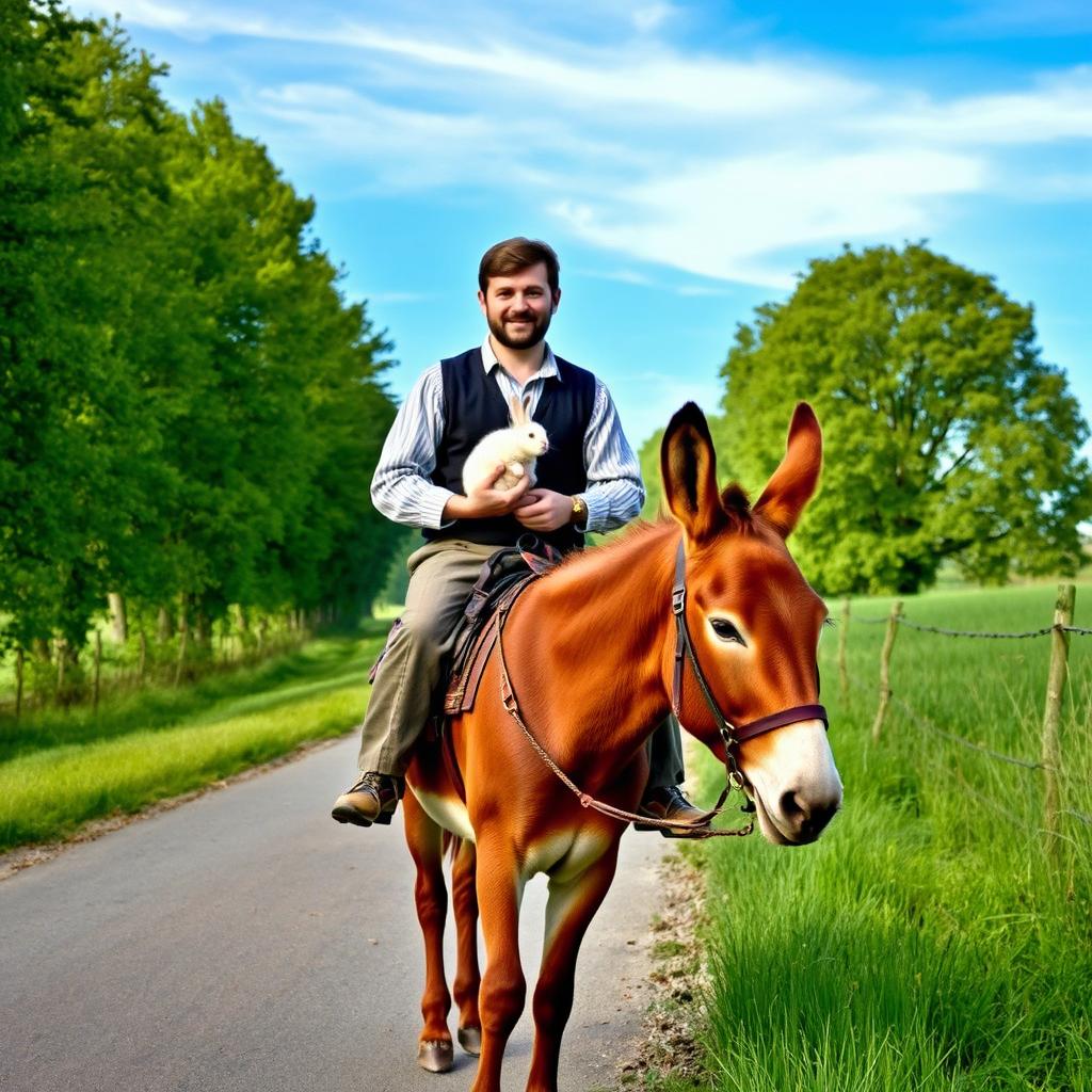A man dressed in traditional country clothes rides a gentle brown donkey along a picturesque country road surrounded by lush green grass and tall trees