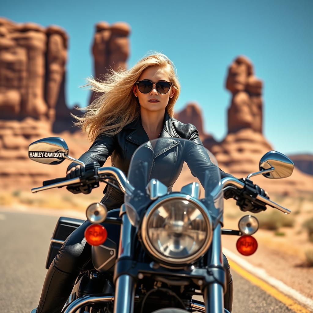 A captivating front view of a stunning blonde bombshell confidently riding a Harley Davidson motorcycle in Monument Valley