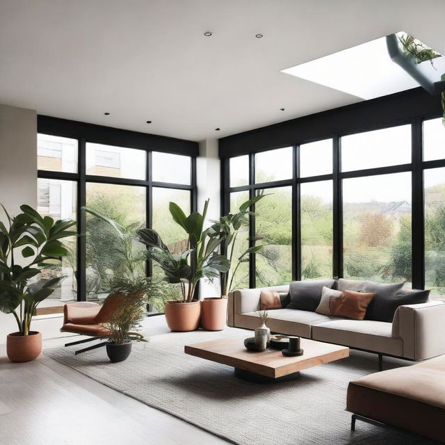 A spacious and modern living room with large windows, cozy sofas, a coffee table, a minimalist fireplace, and vibrant houseplants for a touch of greenery