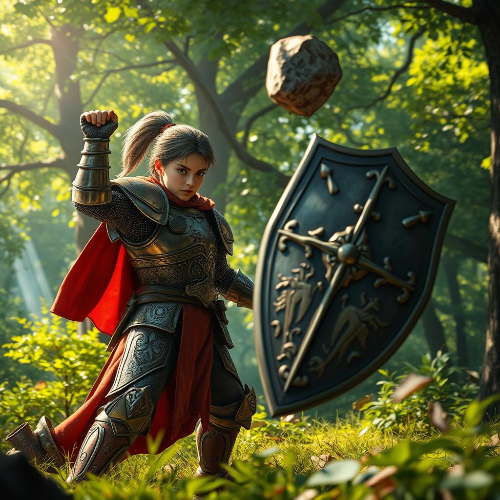 A dramatic scene depicting a heroic character coming under attack in a vibrant fantasy setting