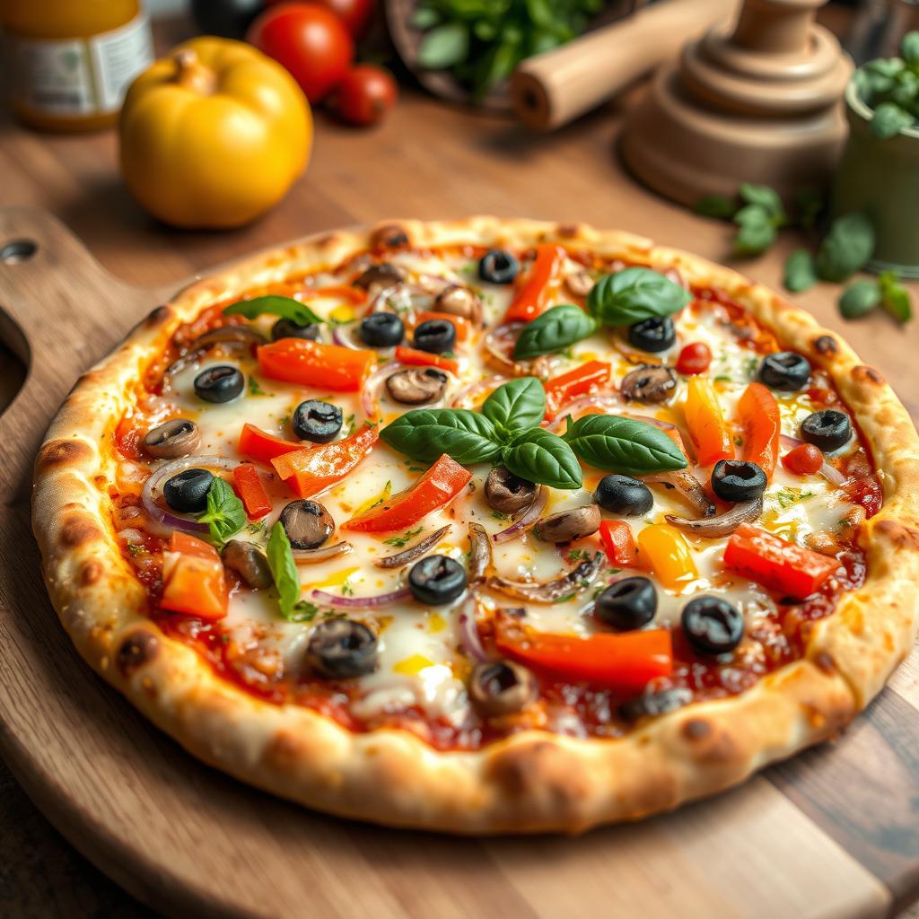 A delicious vegetarian pizza topped with a variety of colorful vegetables, including bell peppers, mushrooms, red onions, and olives, all on a crispy golden crust