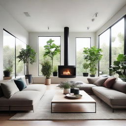 A spacious and modern living room with large windows, cozy sofas, a coffee table, a minimalist fireplace, and vibrant houseplants for a touch of greenery