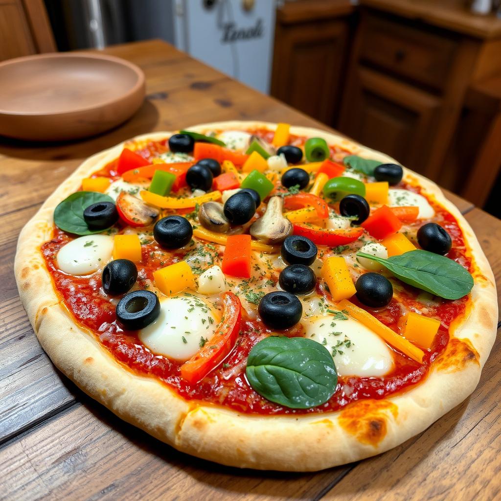 A delicious vegetable pizza topped with a vibrant array of fresh ingredients