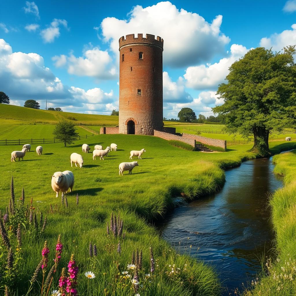 A picturesque countryside scene featuring a brick tower in the center, surrounded by lush green fields dotted with fluffy white sheep grazing peacefully