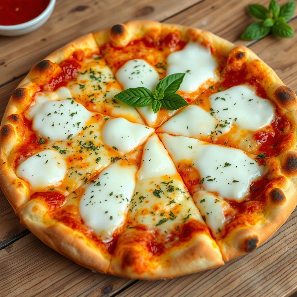 A delicious pizza topped with melted cheese, golden brown crust, and sprinkled with fresh herbs