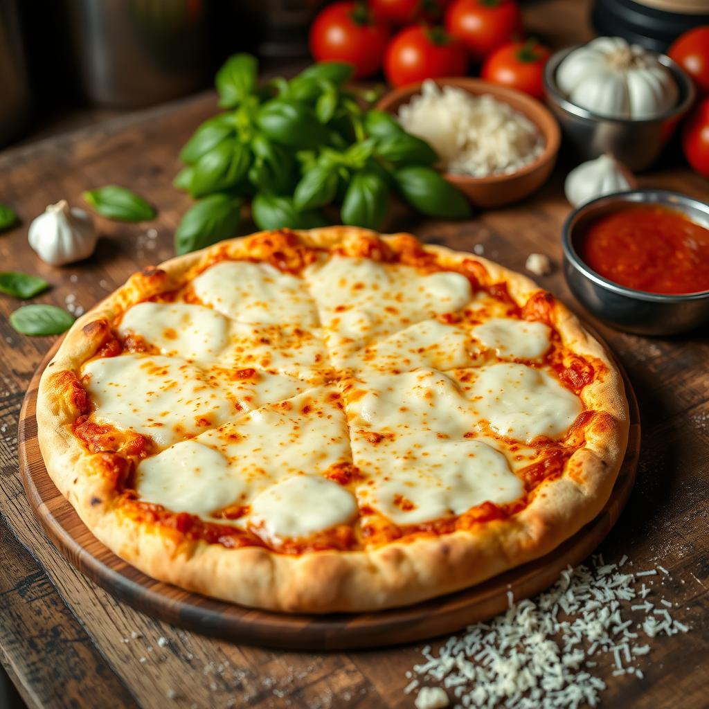 A delicious, freshly baked cheese pizza on a wooden pizza board, topped with a generous layer of melted mozzarella cheese, slightly bubbly and golden brown